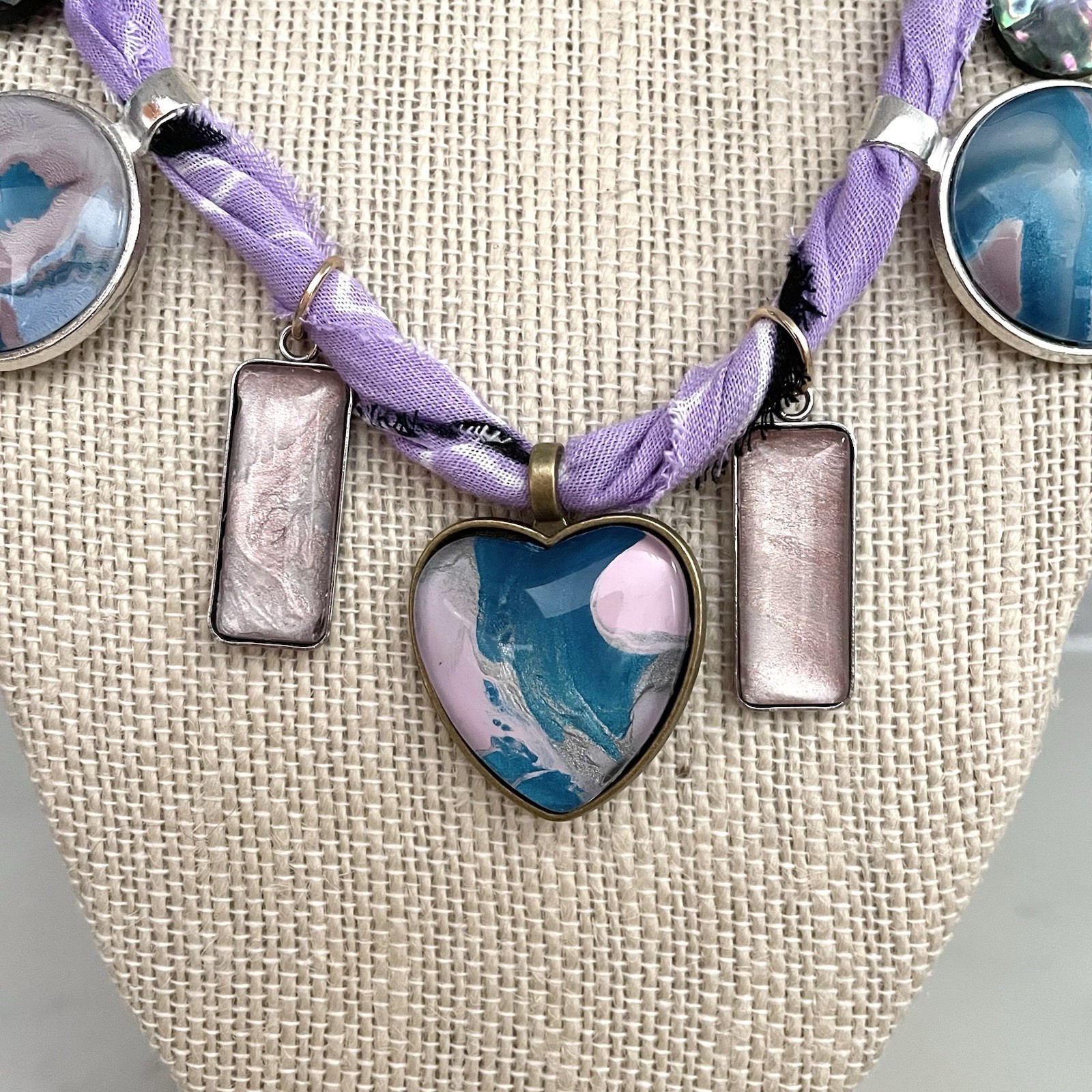 Fluid Art Paint Pour Handmade Charm Bandana Necklace Purple, Blue, Pale Pink