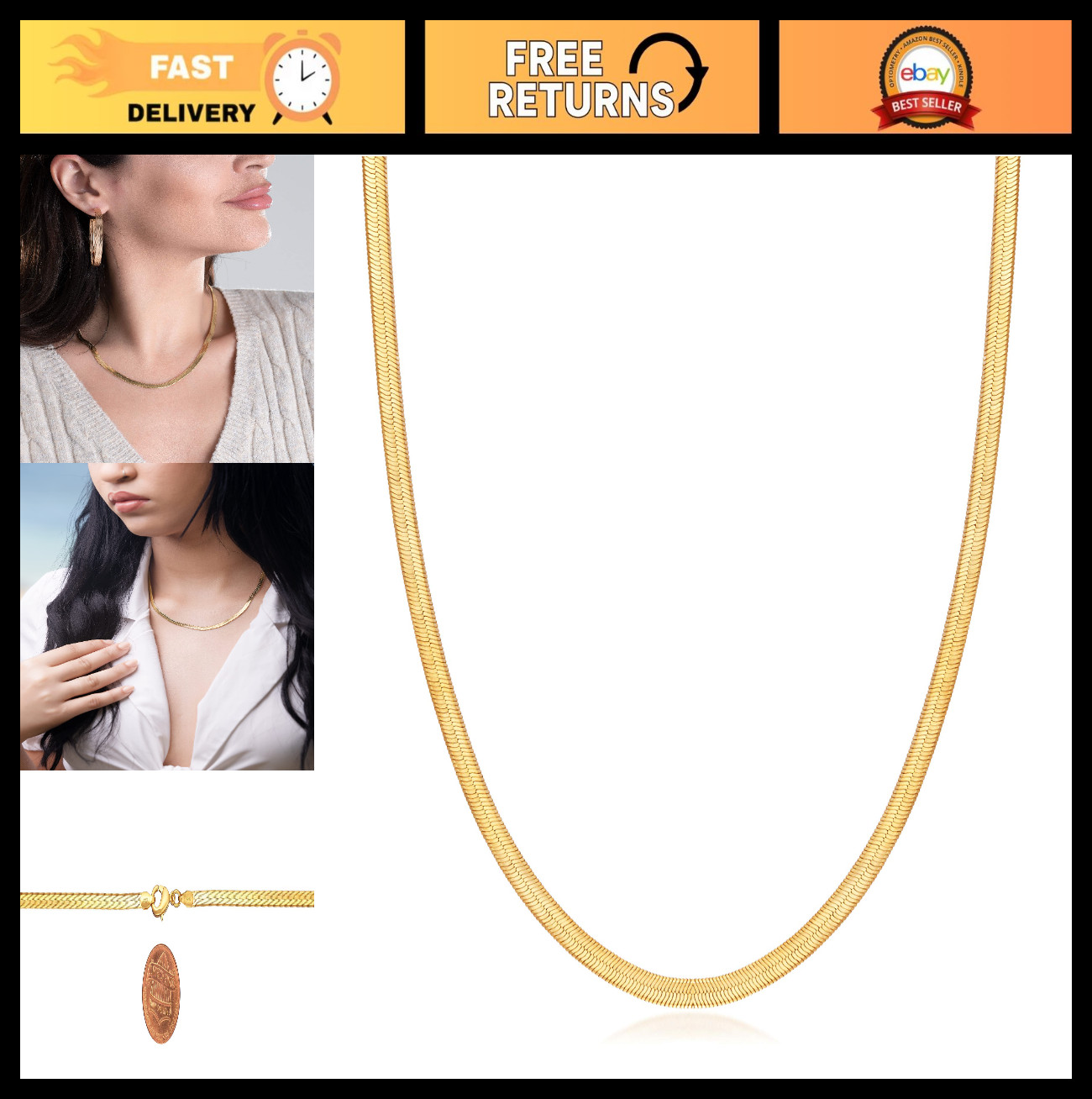 18K Gold Plated Herringbone Chain Necklace 4MM Wide, Elegant Fashion Jewelry