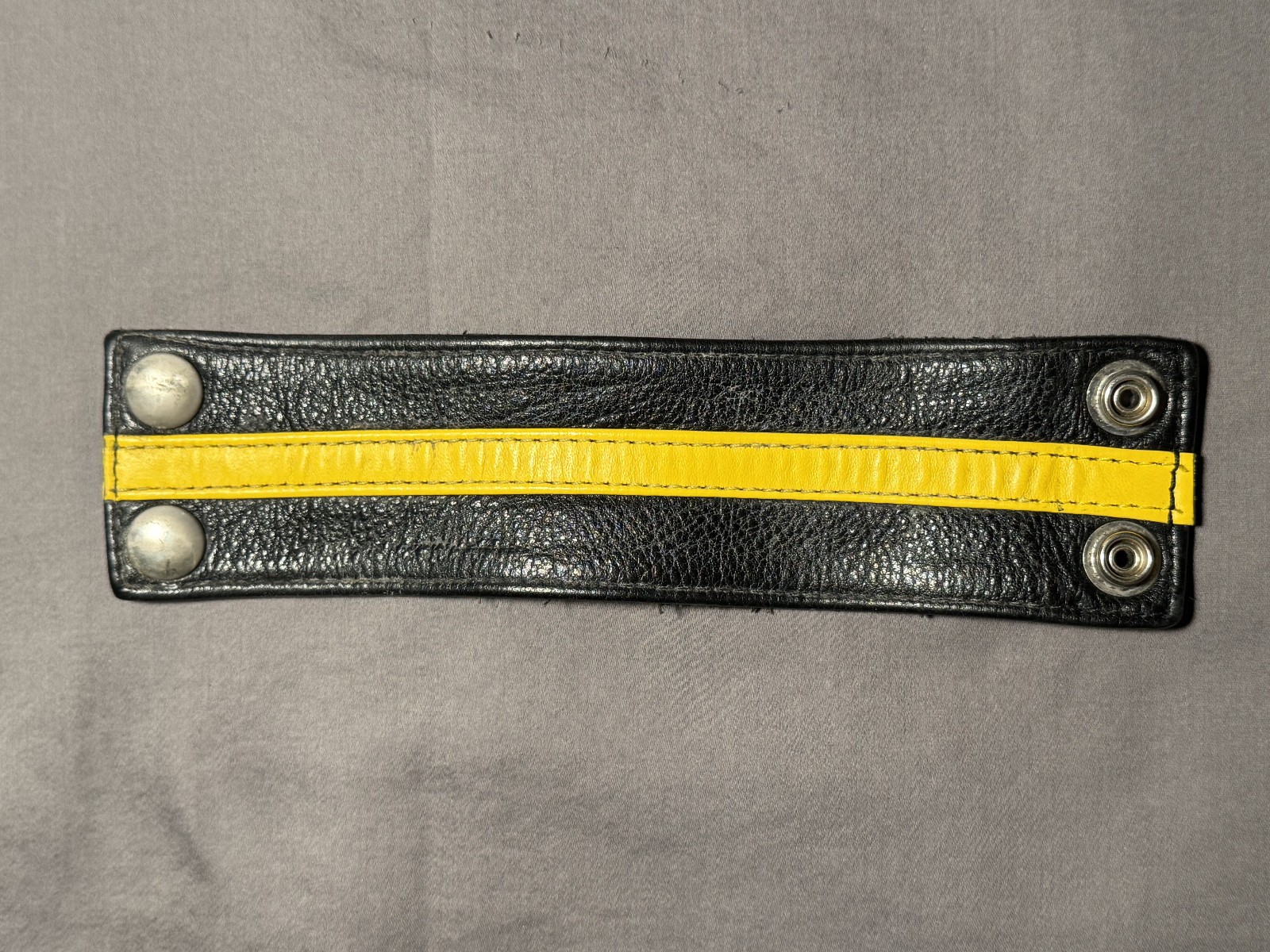 Handmade Leather Cuff Bracelet – Black & Yellow – Snap Closure