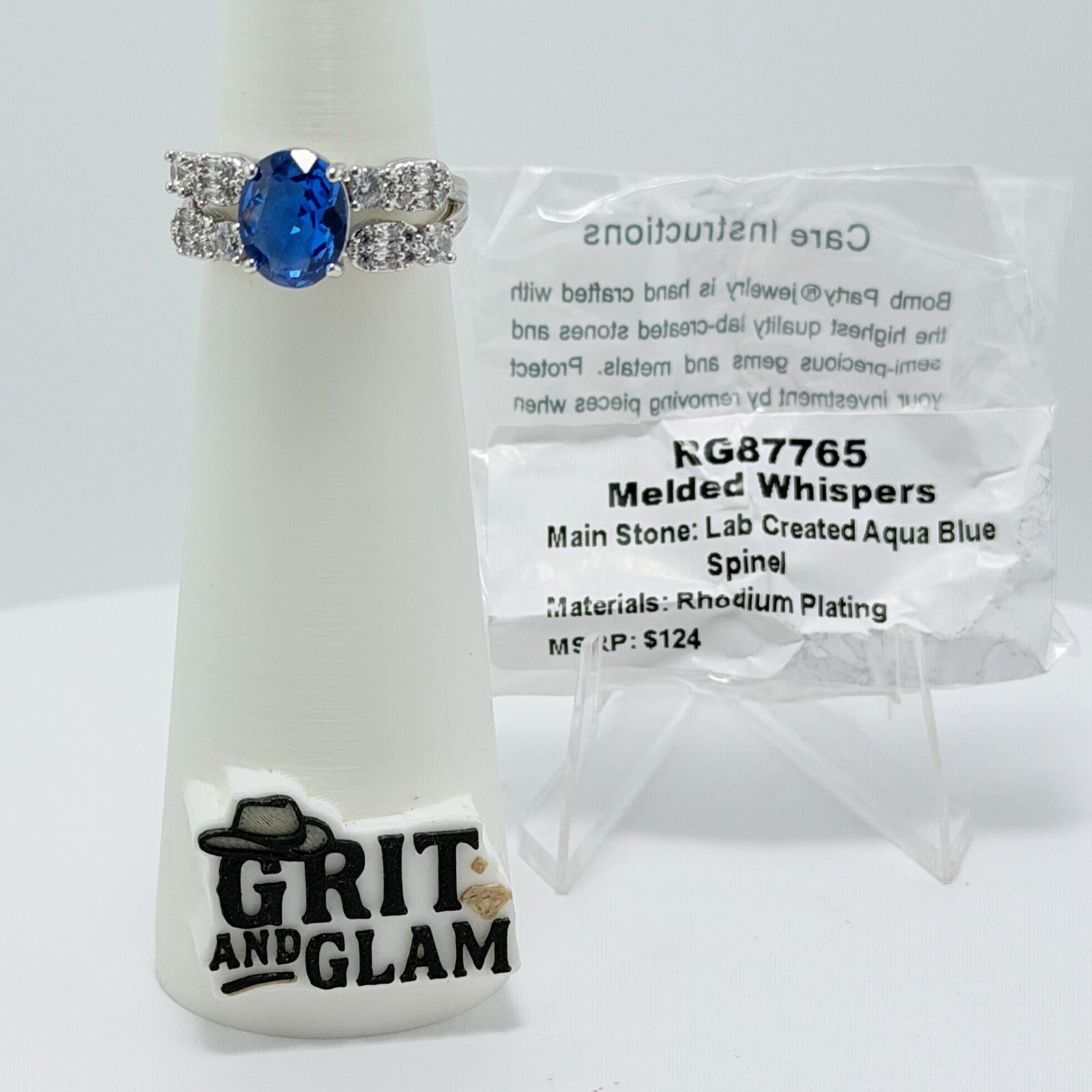 Bomb Party Sz 8 “Melded Whispers” Aqua Blue Spinel on Rhodium RG87765