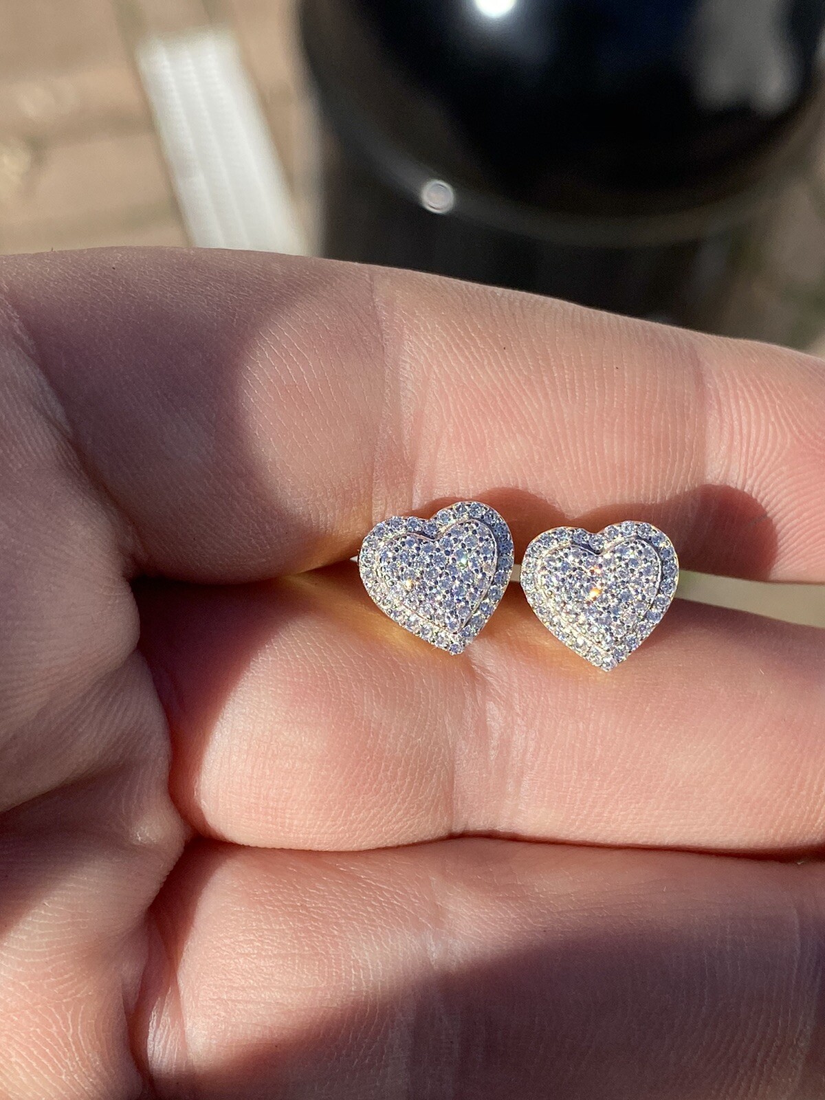 Real 925 Sterling Silver 14k Gold Plated Heart Shape Earrings Simulated Diamonds