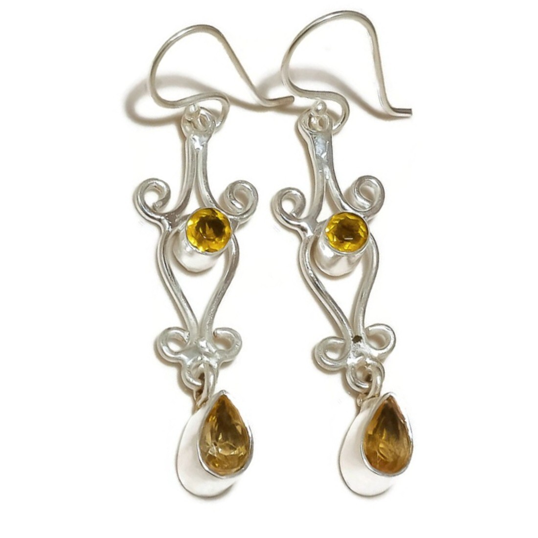 Gigantic Eye Clean Citrine Cut Gemstone 925 Silver Handmade Double Drop Earrings