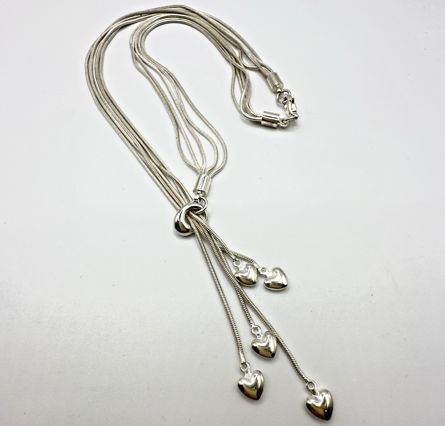 Silver Tone Lariat Necklace 5 Strand Snake Chain Heart Y Drop 16” Fashion