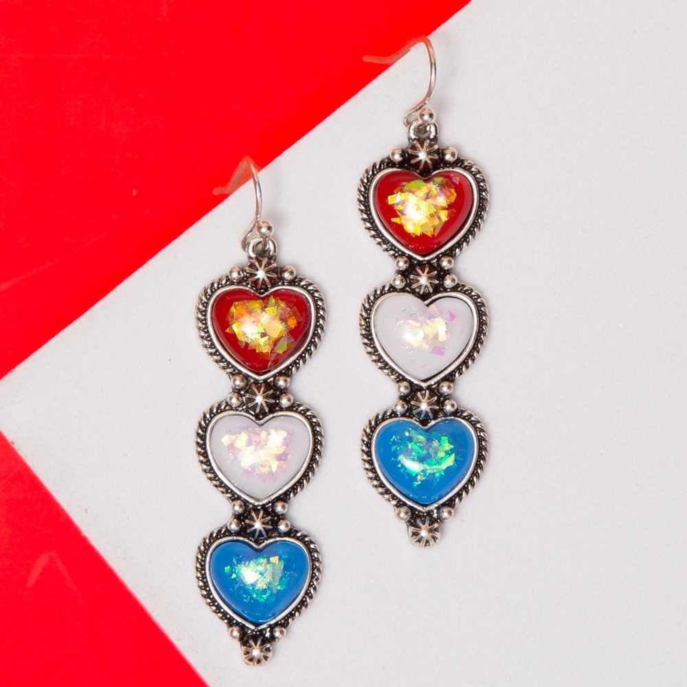 Western Patriotic Heart Drop Earrings Red White Blue Opal Epoxy Dangle 2″