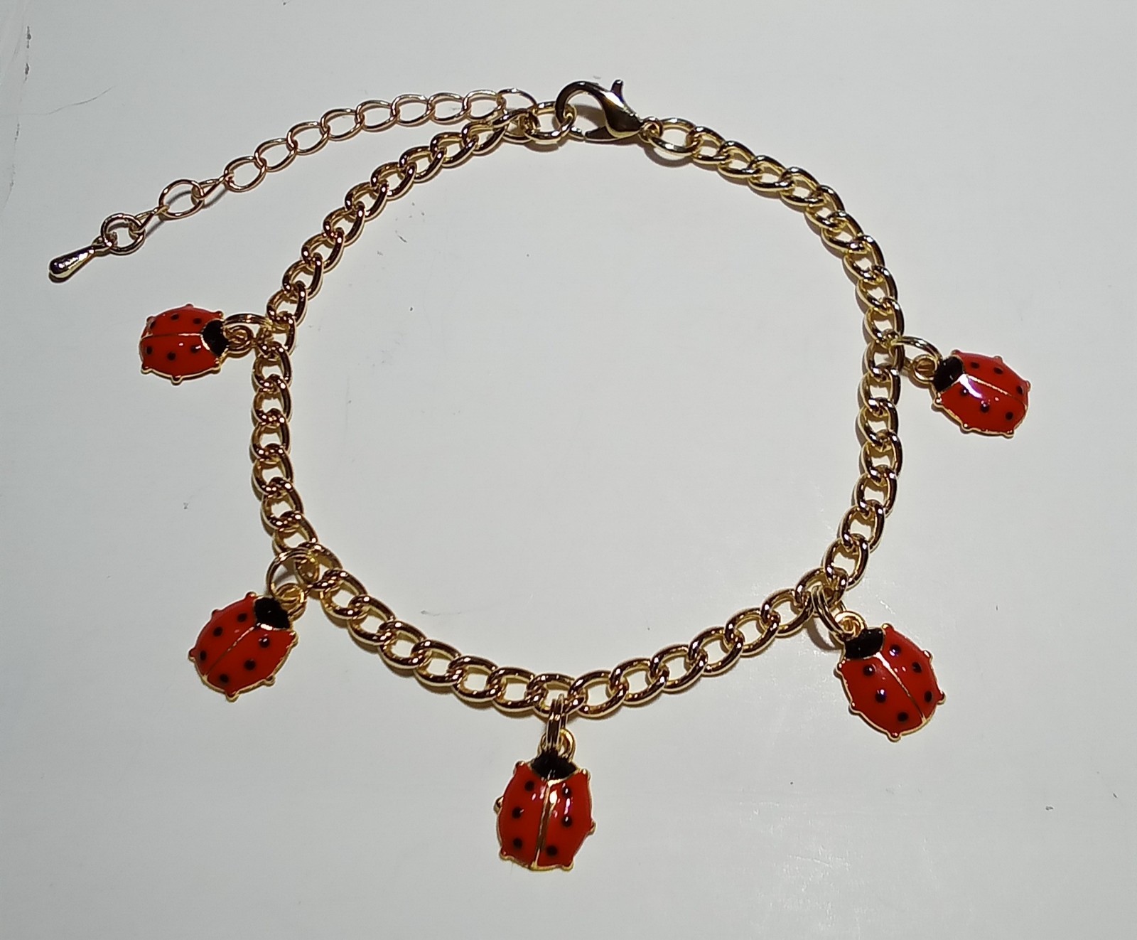 Ladybug Bracelet Gold tone chain 5 red black enamel charms ext chain Summer CUTE