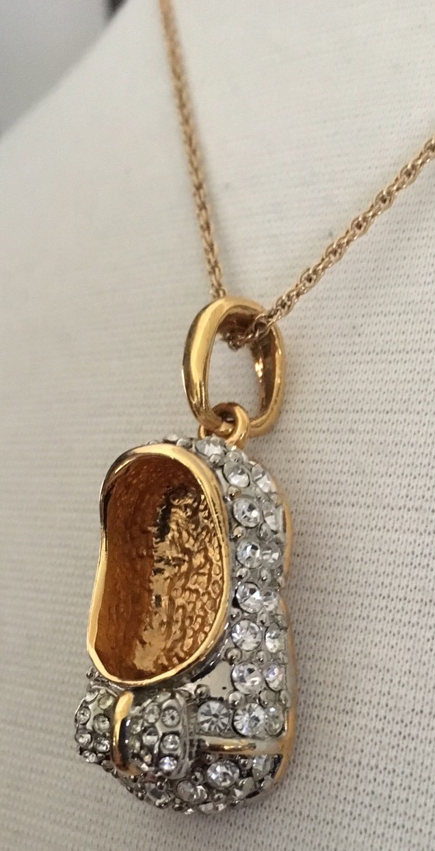 Girl Baby Shoe Gold Plated Clear Crystals Pendant 1 1/4″ L x 3/4″ W 18″ Chain