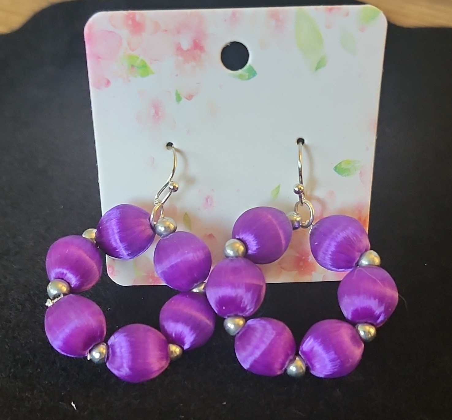 Purple Plastic Beaded Hoop Dangle Drop Hook Earrings for Lobe, No Stone