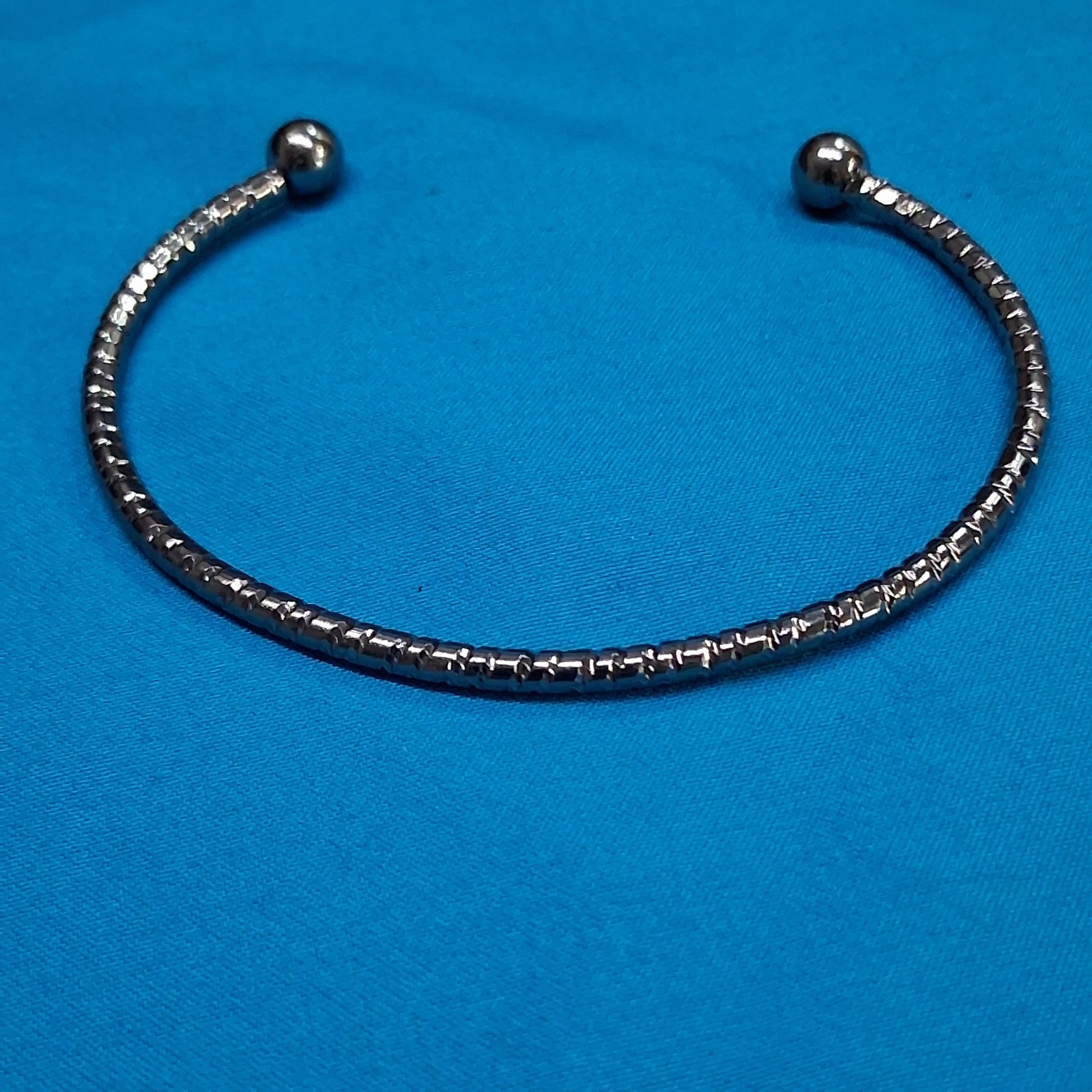 Polished Metallic Luster Silver Tone Twist Textured Bead Charm Cuff Bracelet