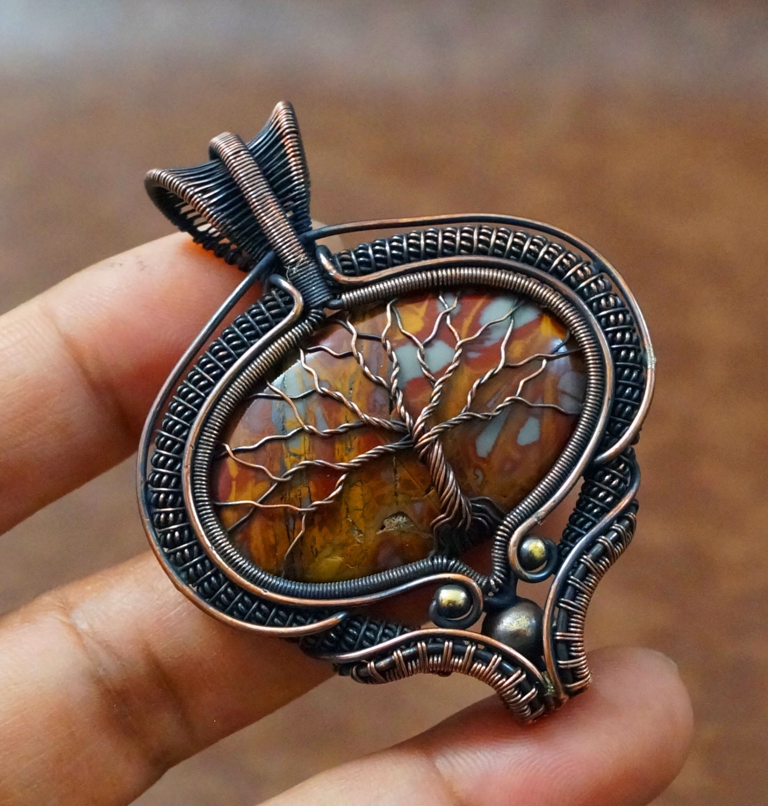 Brown Noreena Jasper Tree of life Copper Wire Pendant Handmade Jewelry (-PD62