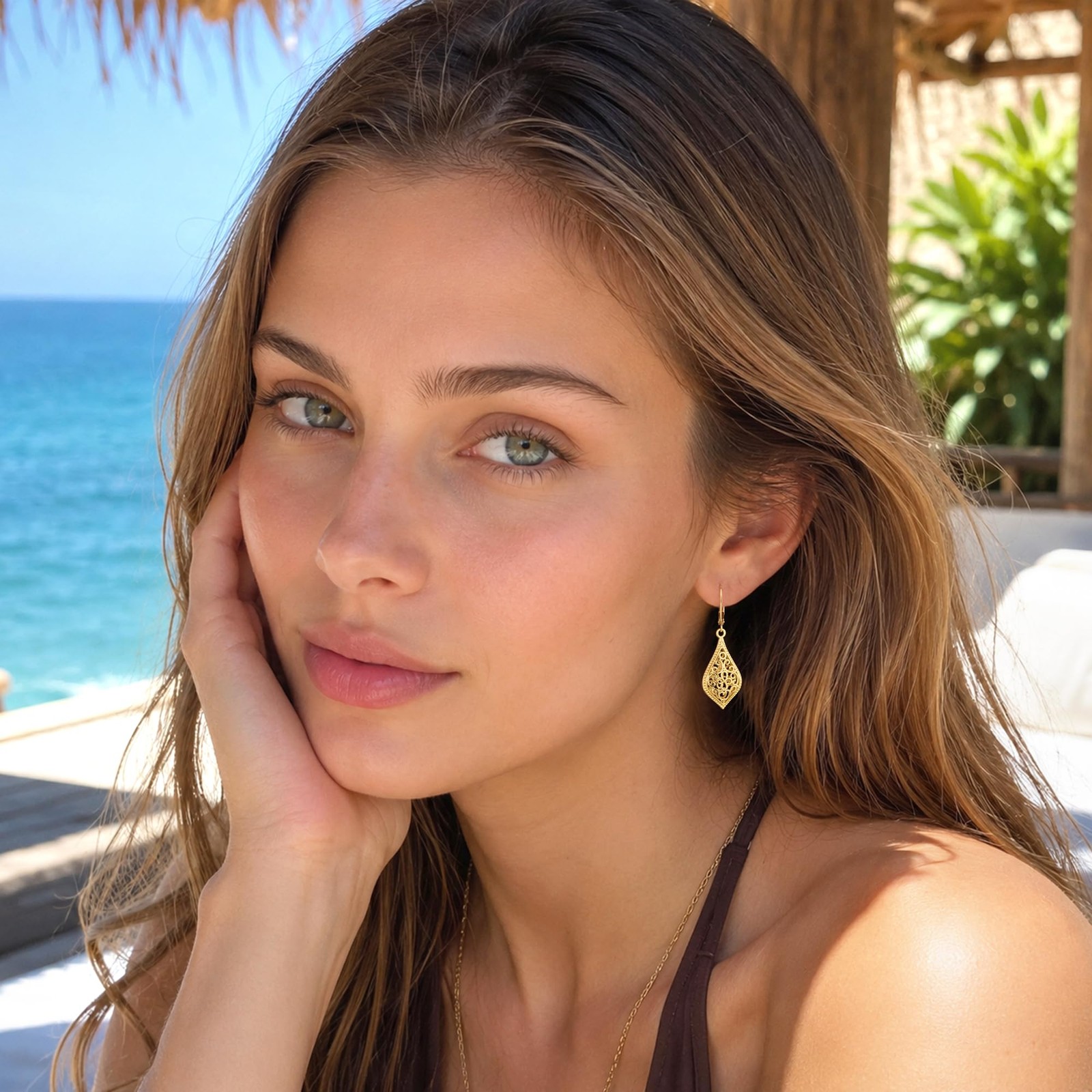 14k gold dangle earrings for women, filigree dangling leverback earrings, gol…
