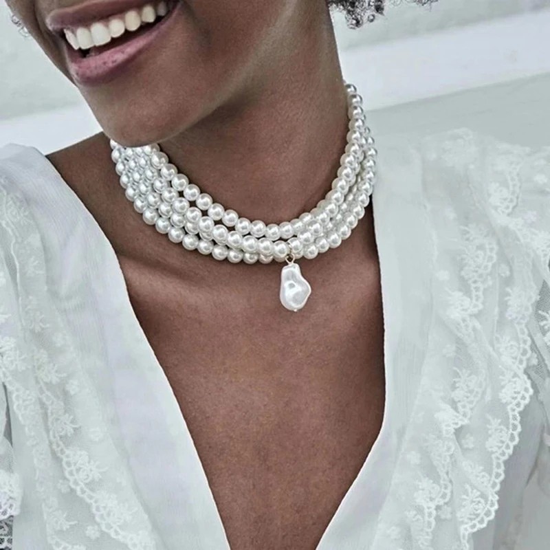 Pearl Choker Necklace Baroque Pendant Collar Fashion Jewelry Gift Layered