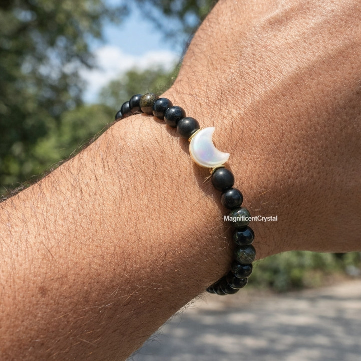 Triple Protection Bracelet Healing Moon Charm Obsidian Hematite Tourmaline Gift