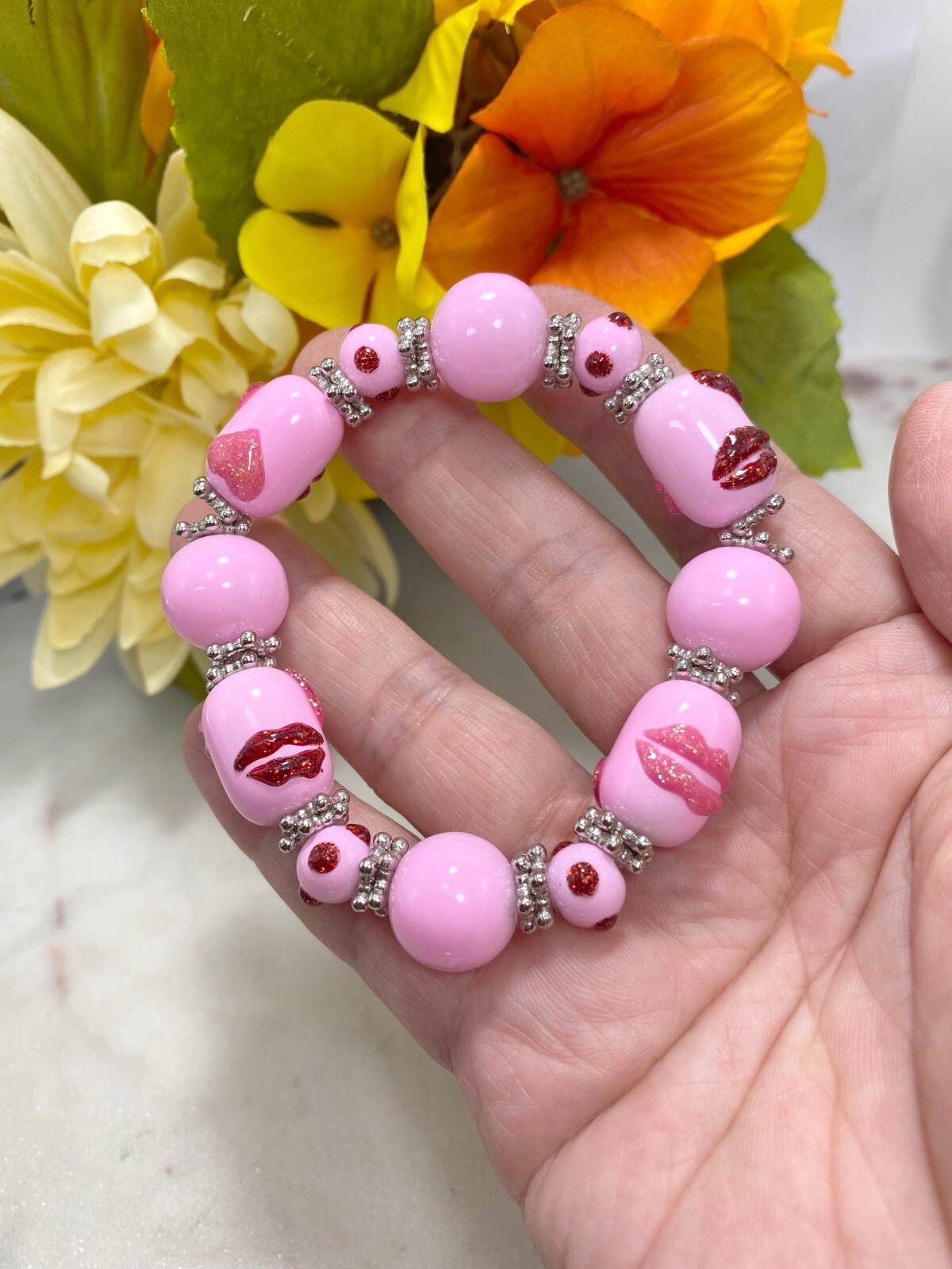 Pink Bracelets Handmade Wholesale Lot of 6 Glass Beaded Stretch Bracelet