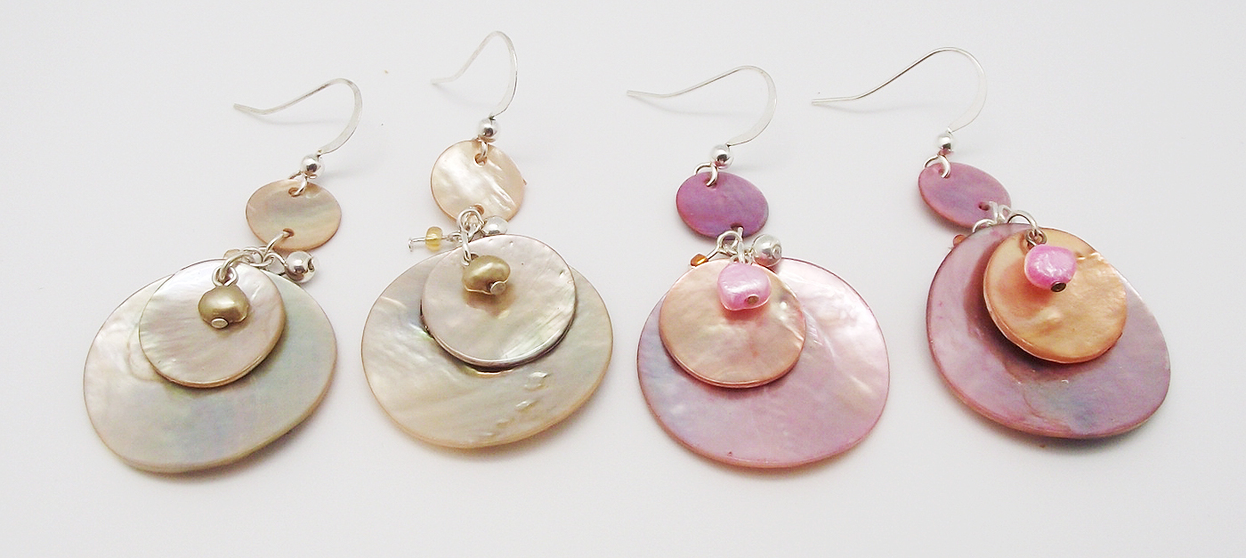 DESIGNER INSPIRED BEIGE PINK GENUINE PEARL SHELL DANGLE SILVER HOOK EARRINGS