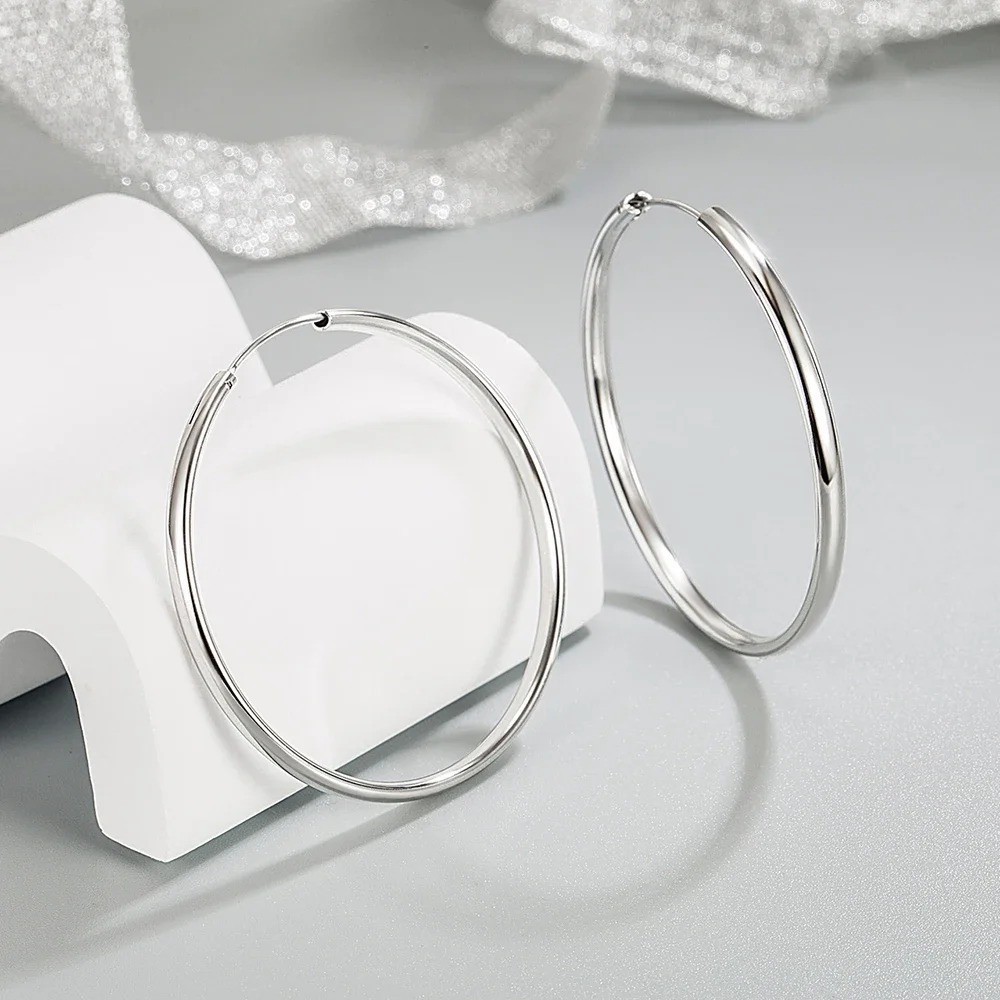 1 Pair 35MM Genuine 925 Sterling Silver Round Hoop Earrings for Women