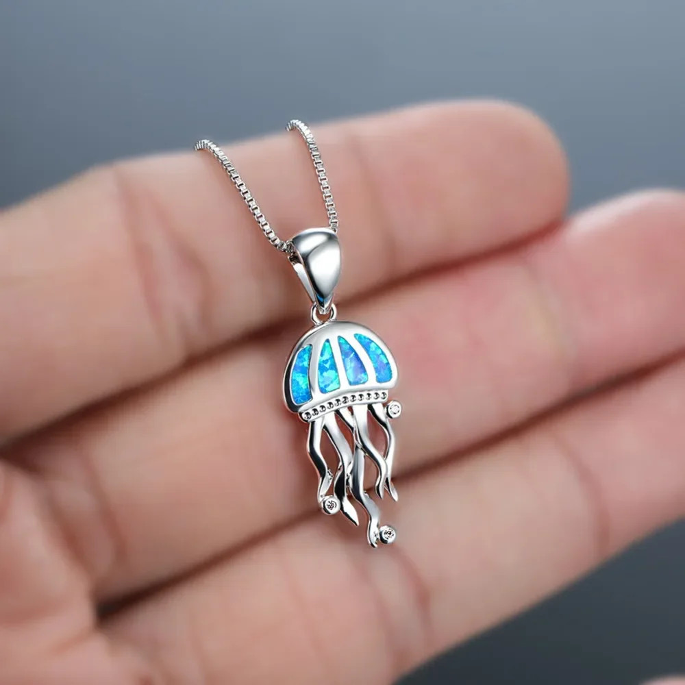 Women’s Fashion Jewelry Opal Blue Silver Jellyfish Pendant Necklace Chain