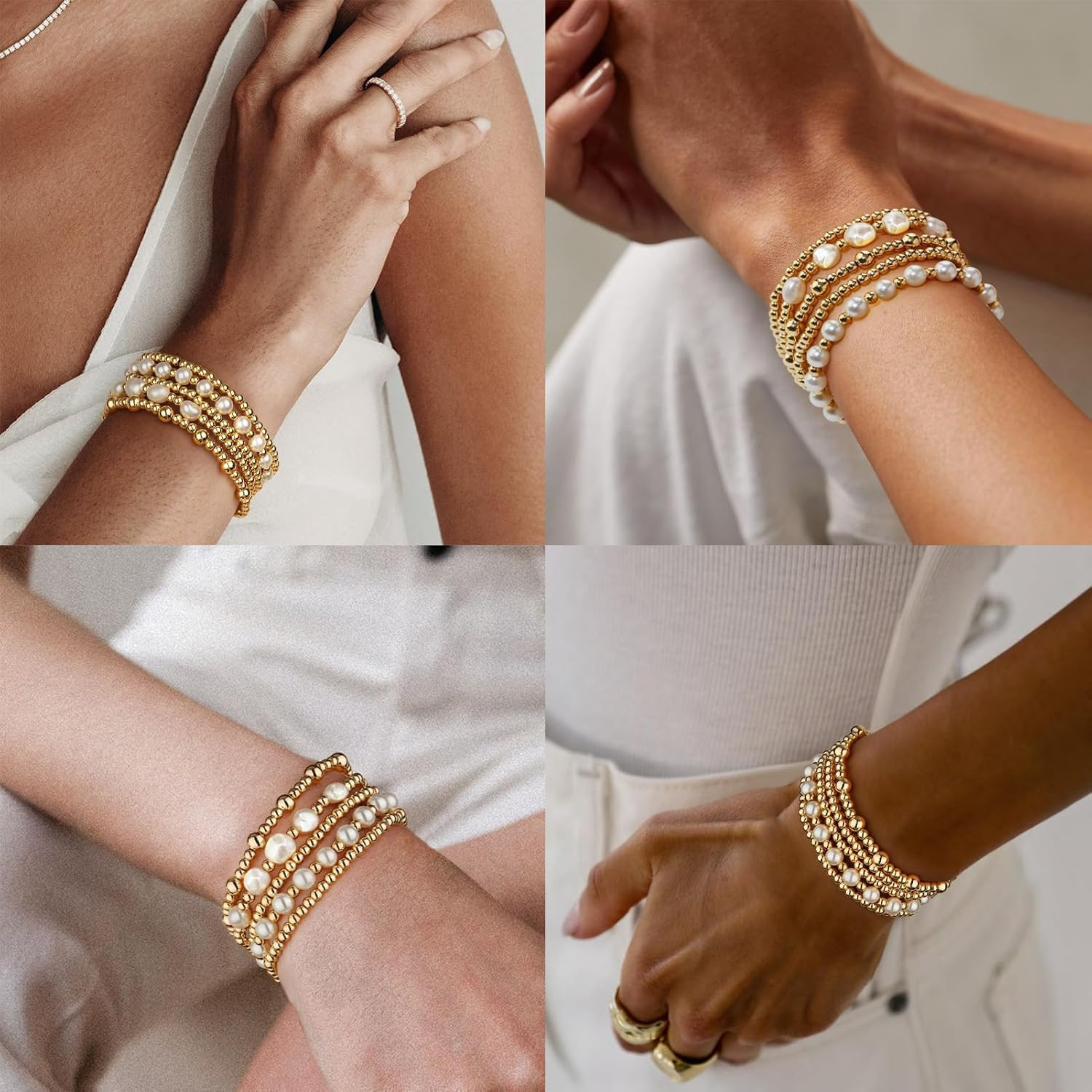 5Pcs Silver Gold Beaded Stretch Bracelet Stack Set Pearl Women Teen Jewelry