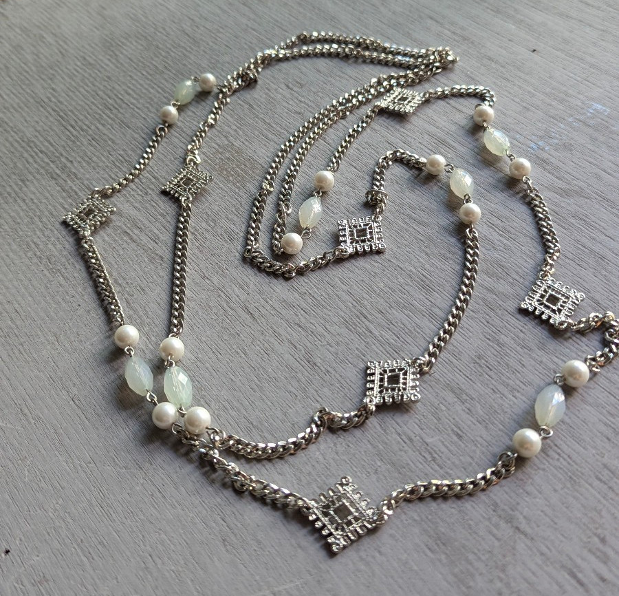 Silver Tone 2 Strand Long Necklace Faux Pearl White Beads Geometric Station 32″