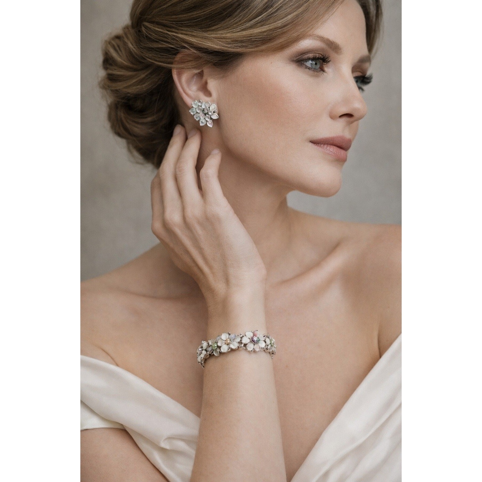 Lisner Vintage Floral Enamel Bracelet & Clip-On Earrings Set White Rhinestone