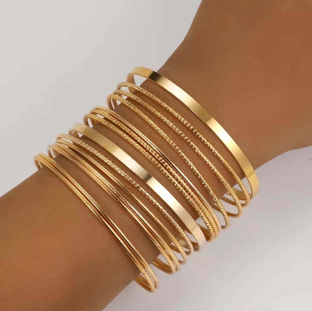 14 Pc Gold Tone Bangle Bracelet Set – Stacking Layered Trending Fashion Jewely
