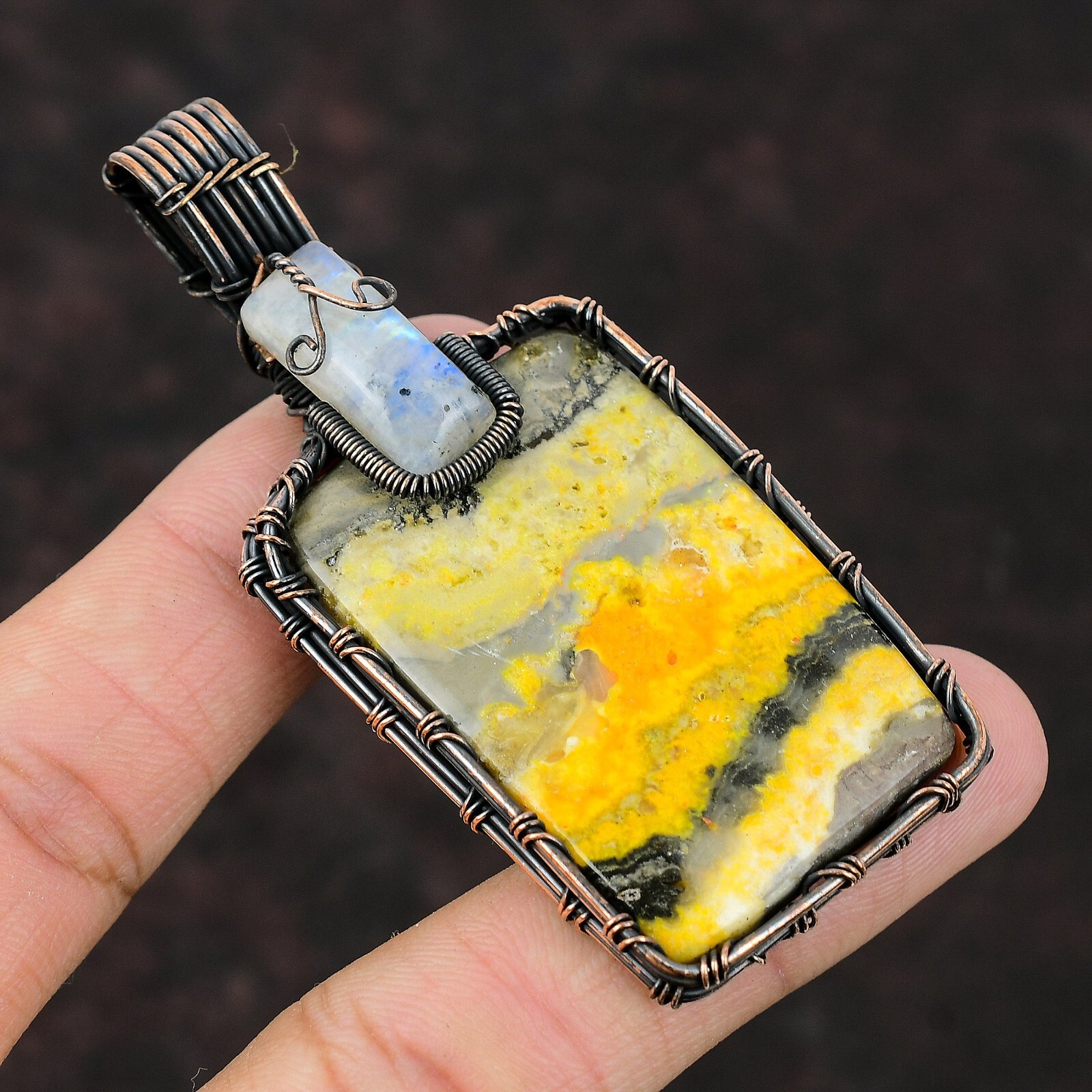 Bumble Bee Jasper Wire Wrapped Pendant Handcrafted Copper Valentine Gift 3.15″