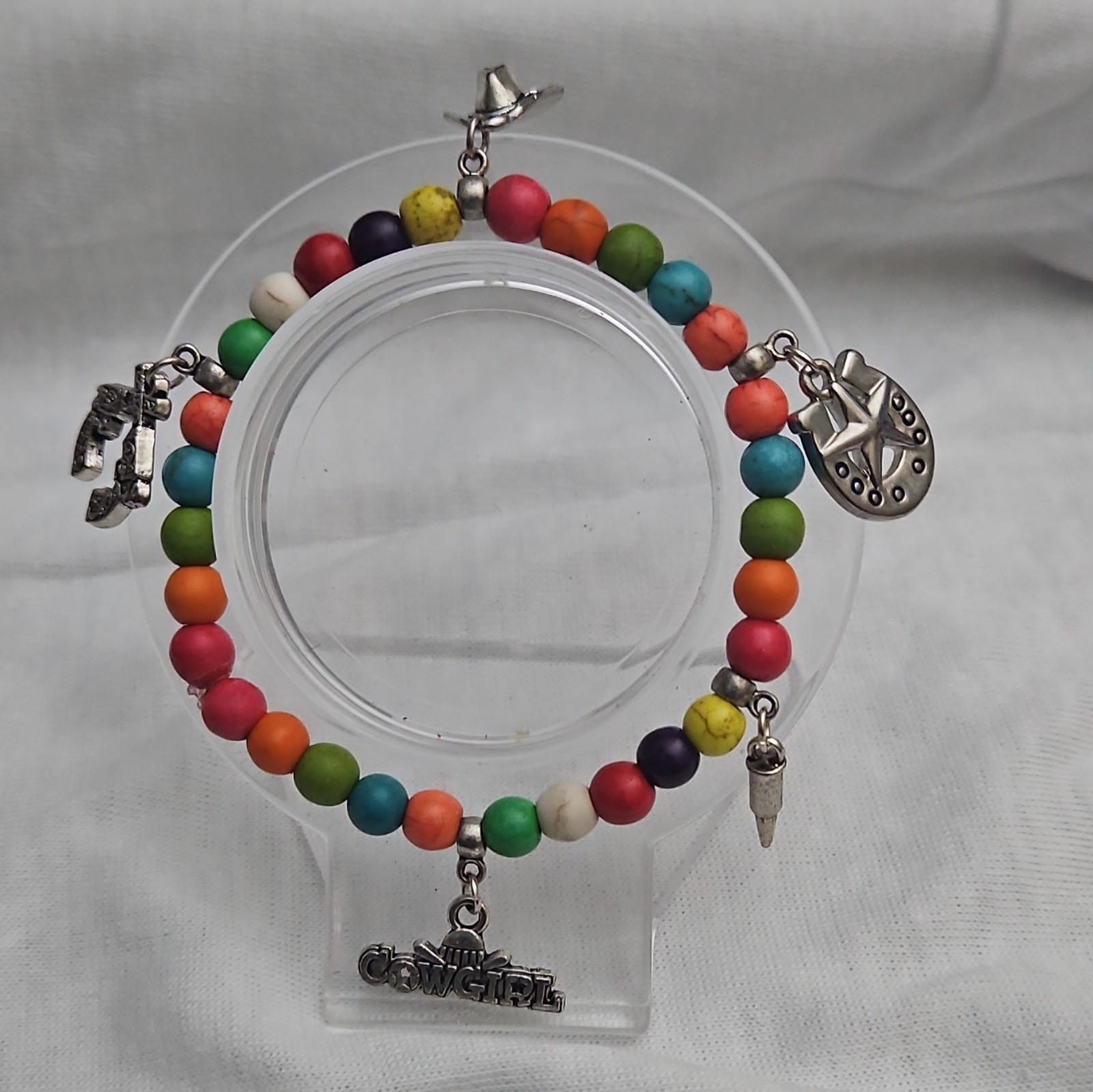 Multicolor Howlite Turquoise Beaded Western Charm Bracelet Stretchy Size 7-7.5