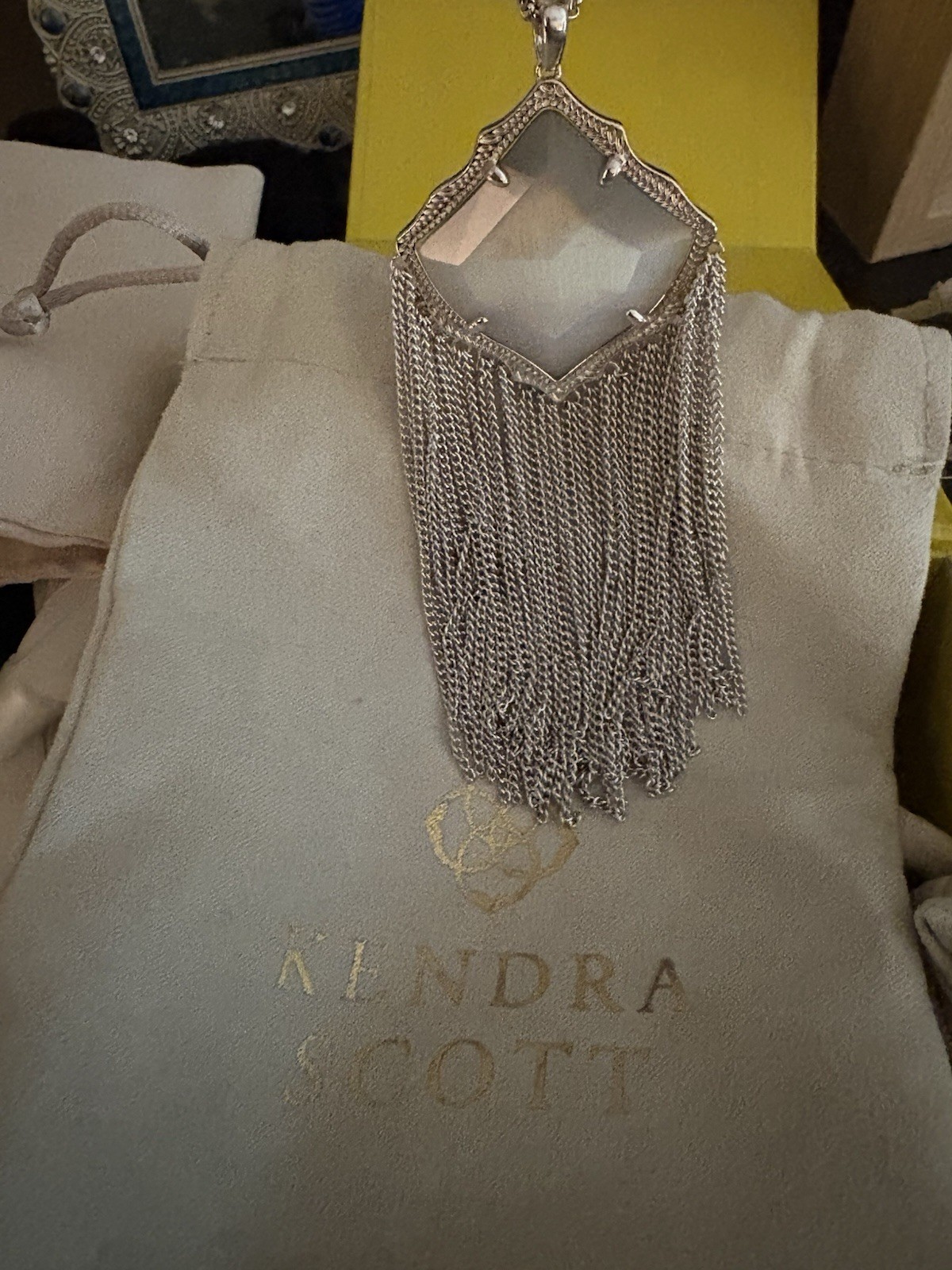 Kendra Scott Silver Tone Chain Necklace Tassel Fringe Pendant Gray Stone