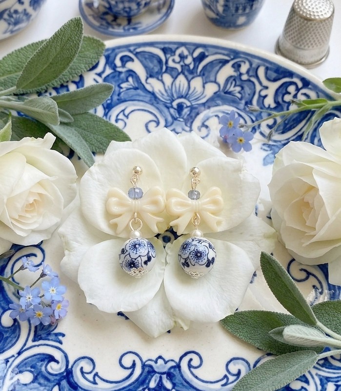 Floral White & Blue porcelain earrings Chinoiserie ceramic style design Delicate