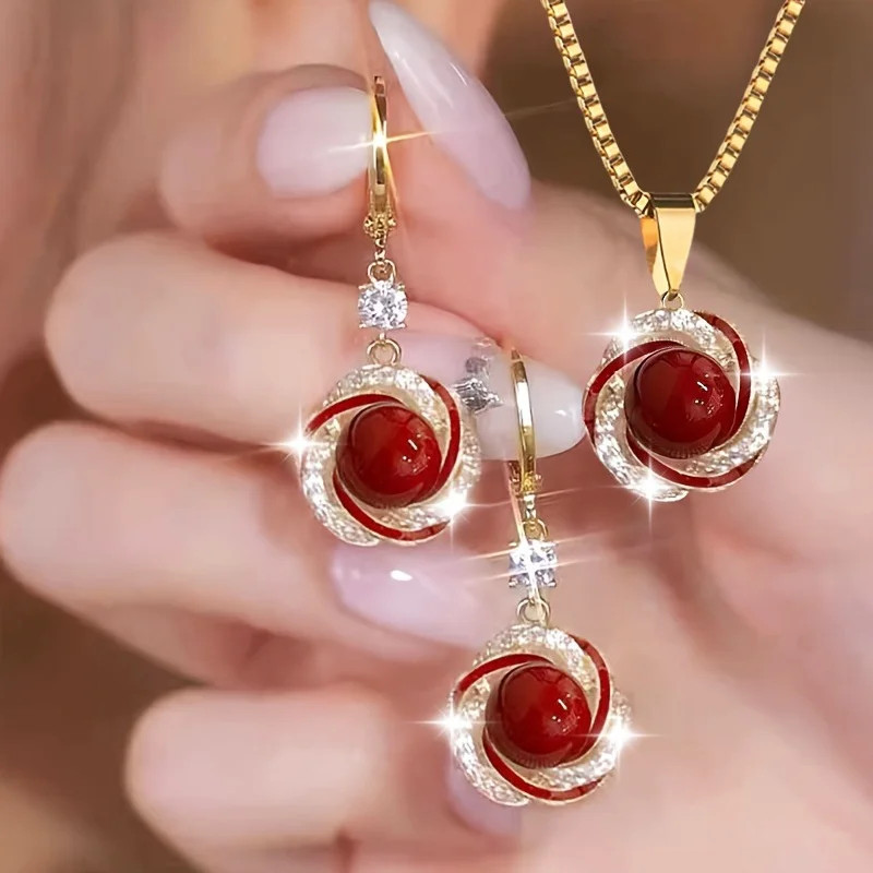 3pcs Shining Zircon Flower Jewelry for Sets Women Light Luxury Imitation