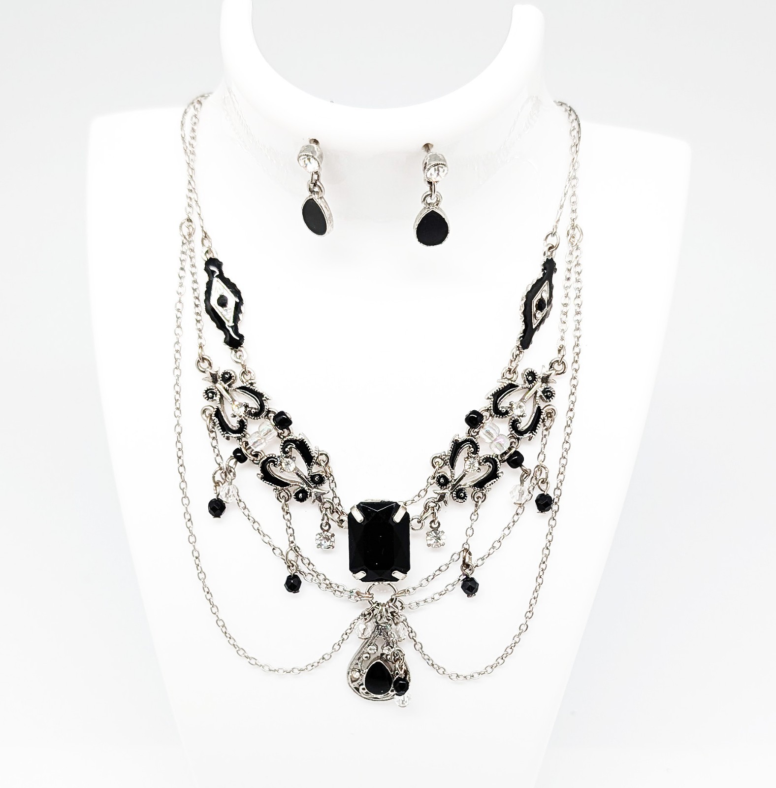 DESIGNER INSPIRED 18 in BLACK CRYSTAL VICTORIAN DROP DANGLE SILVER JEWELRY SET