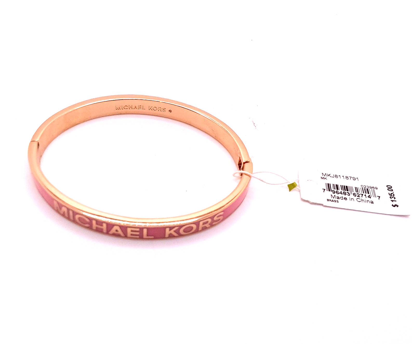 Michael Kors Rose Gold Pink Enamel Inlay Hinged Bangle Bracelet
