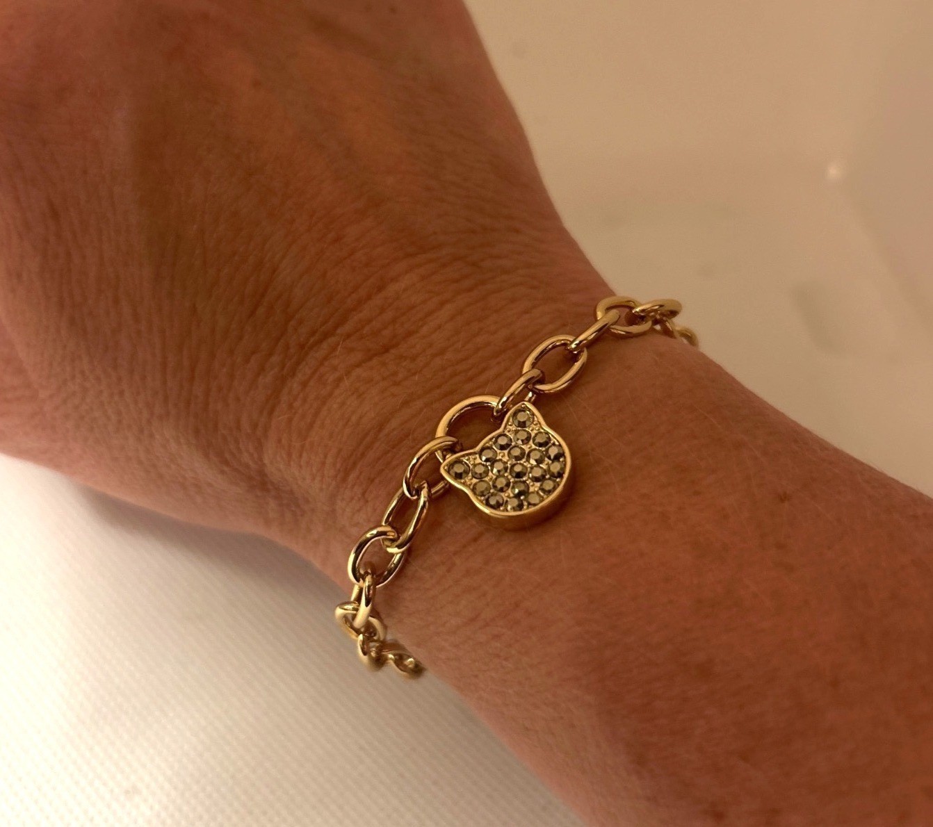 Karl Lagerfeld gold-tone link bracelet with cat charm Swarovski crystals 6.5”-8”