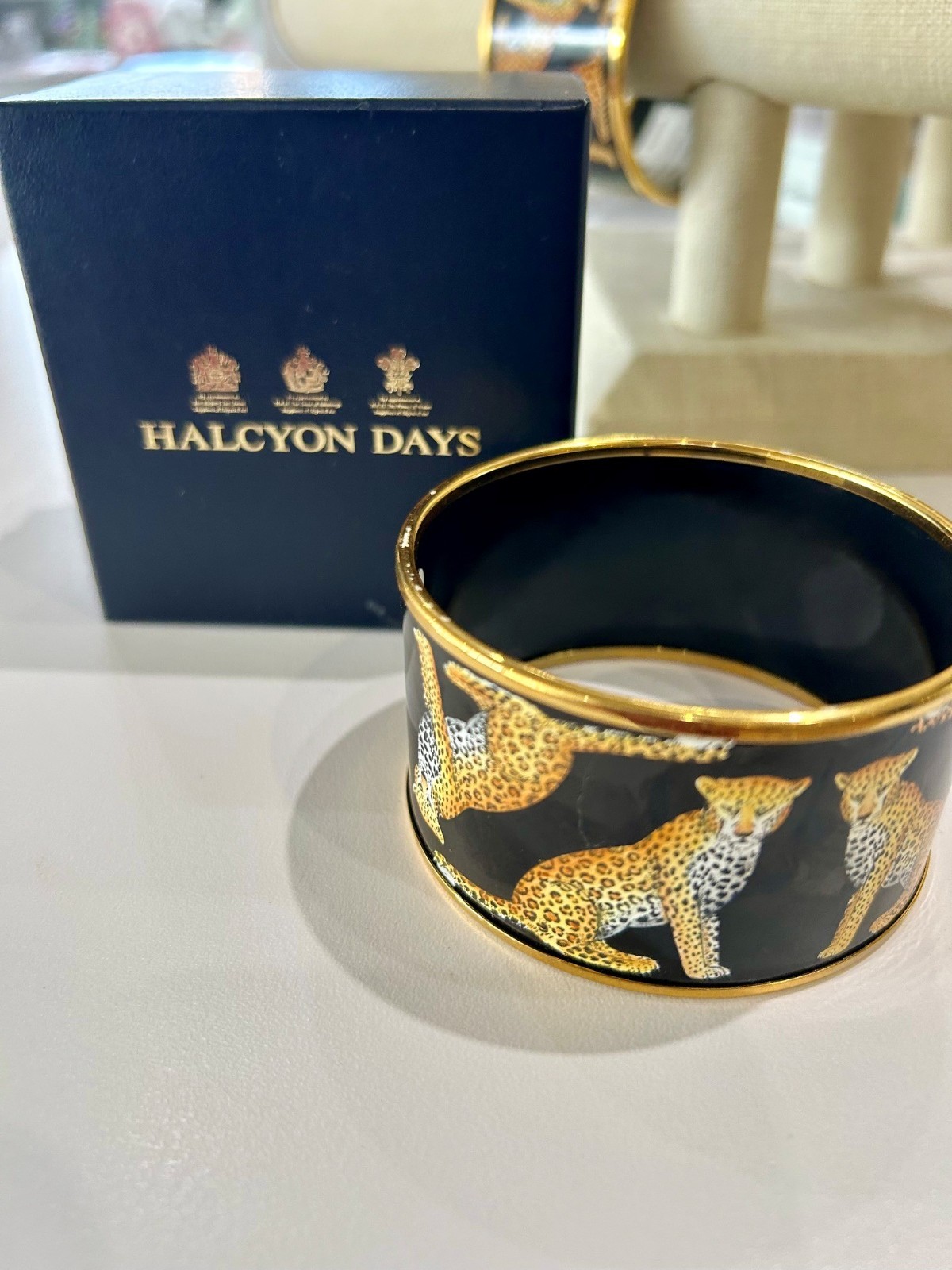 Halcyon Days Enamel Leopard or Elephant Motif Bangle Bracelet 4cm wide-brand new