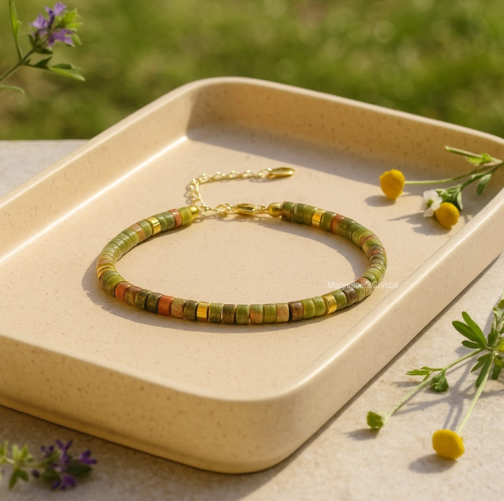 Unakite Bracelet Green Tube Beaded Adjustable Gold-Plated Chain Women Jewelry