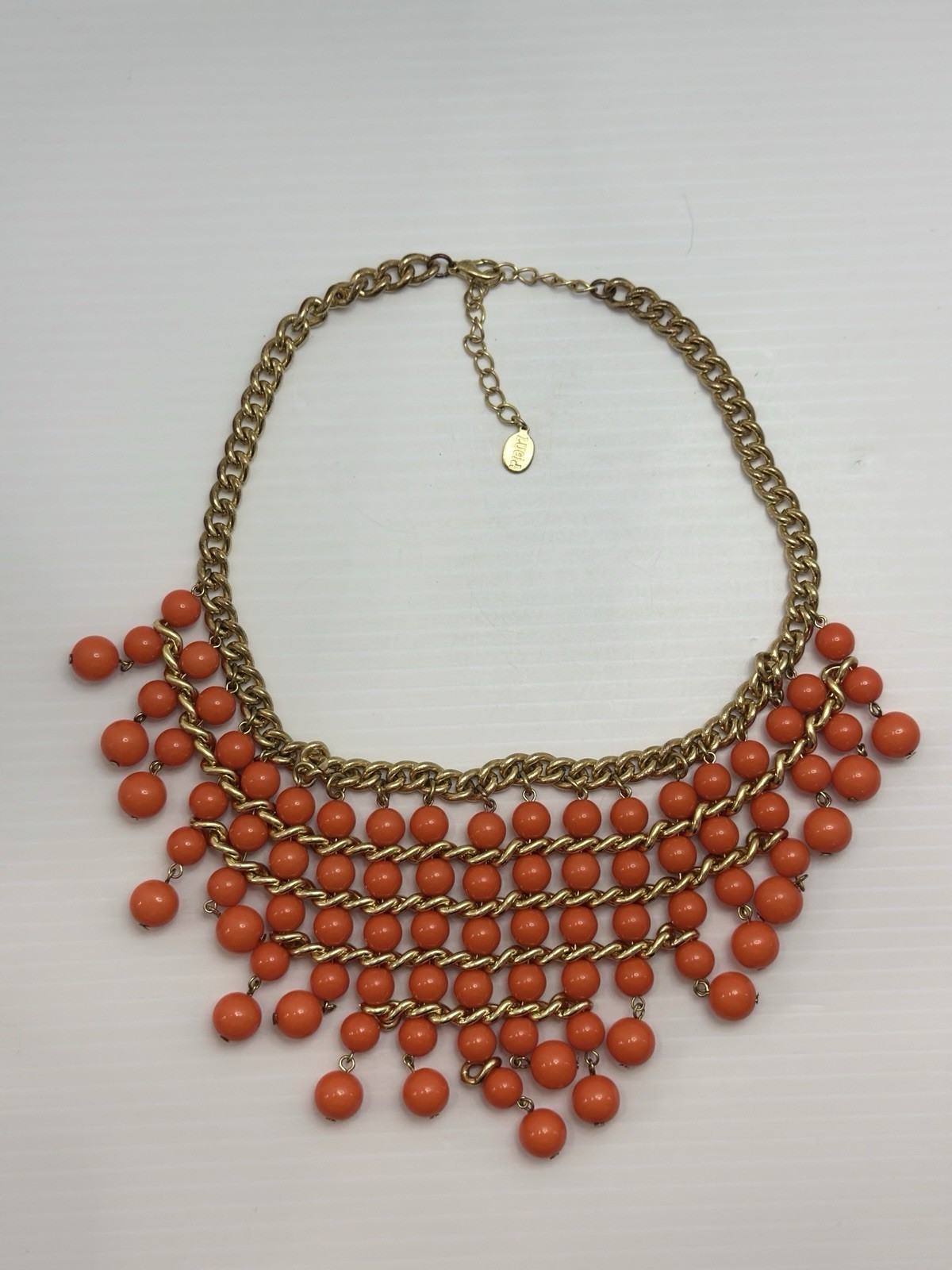 LUCIA Signed Orange Beaded Statement Necklace Gold Tone Bib Fringe Chunky Bold