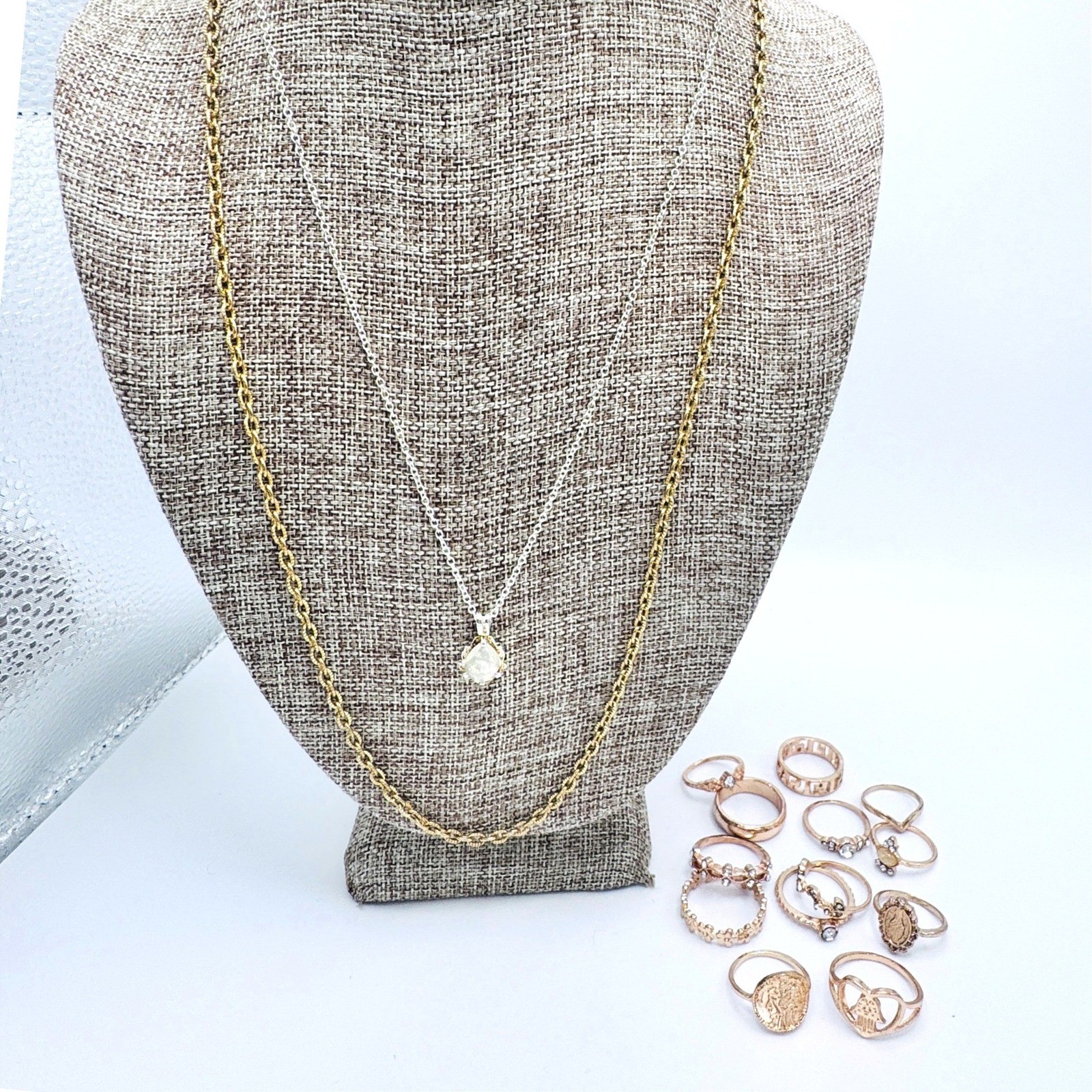Fashion Jewelry Lot Rings & Necklaces Gold Tone Opalescent Pendant Mixed Sizes
