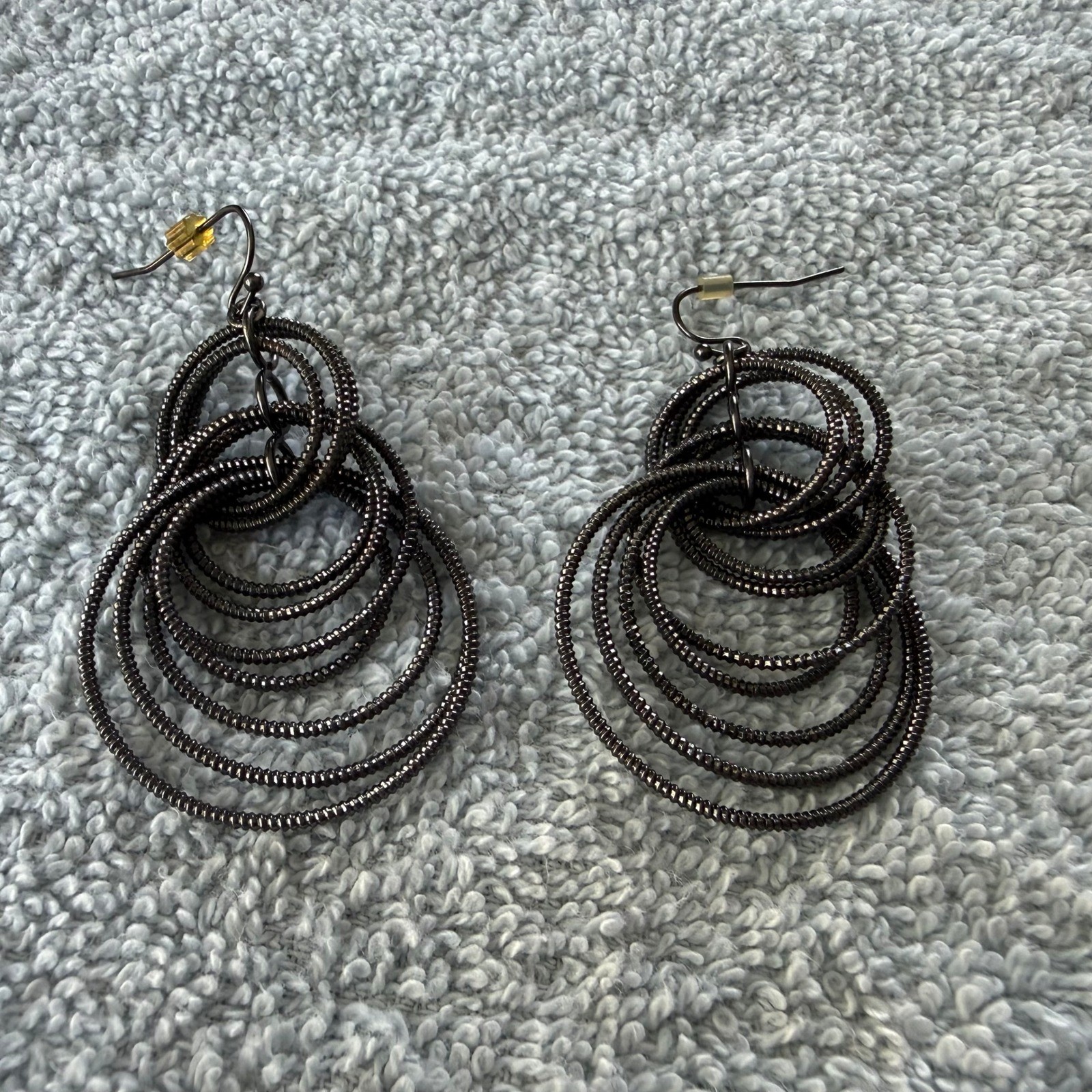 Gunmetal Grey Multi Hoop Dangle Earrings Textured Coiled Metal Drop Earrings