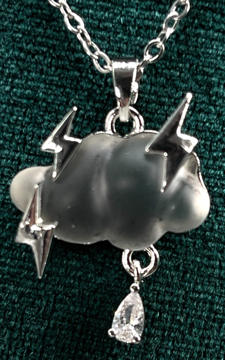 Necklace Iridescent White Cloud Silver Tone Lightning Bolts & Zirconia Rain Drop
