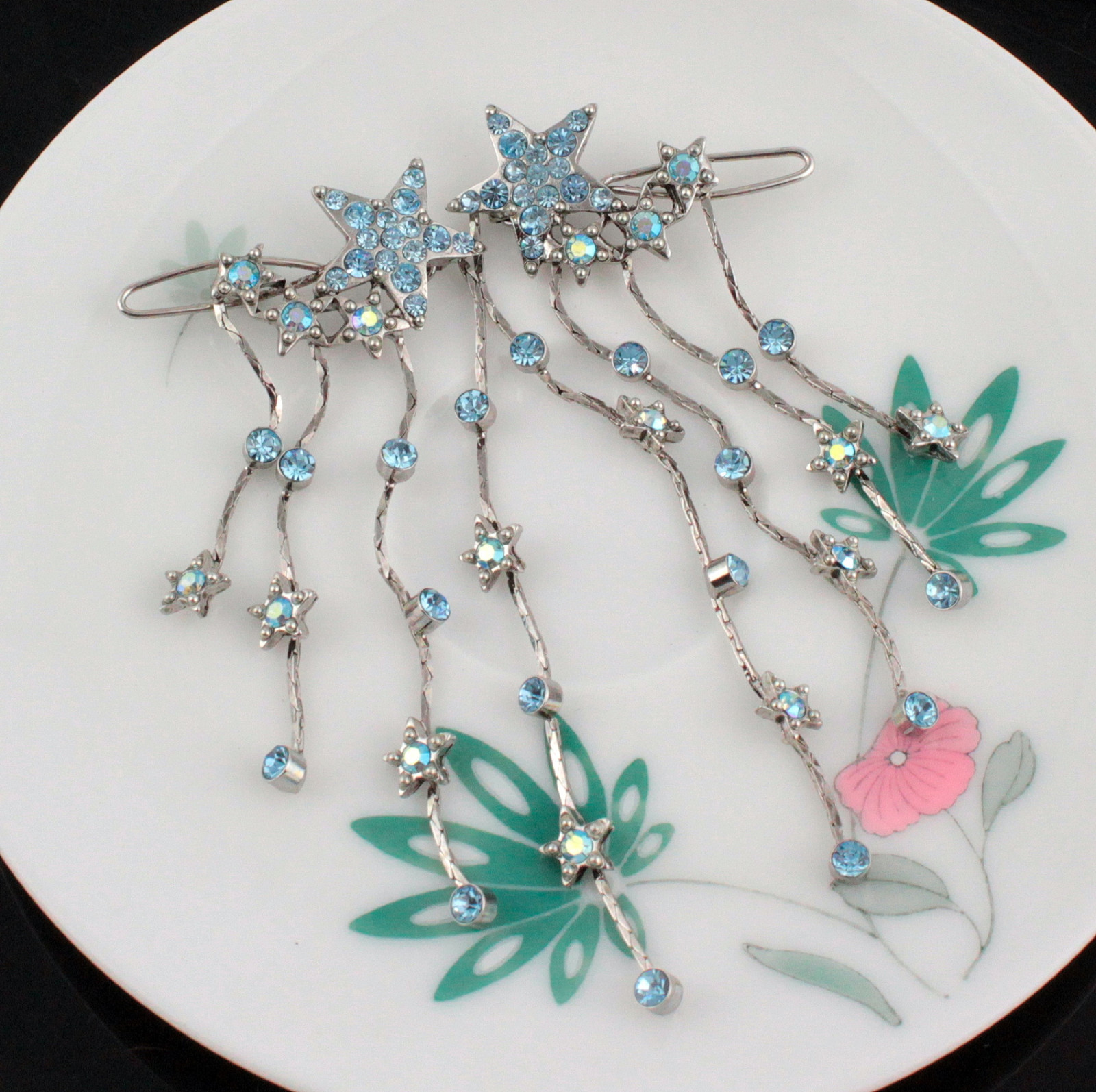 2pcs Dangle Stars Icy Blue Austrian Crystal Rhinestone Hair Barrette Clips B174