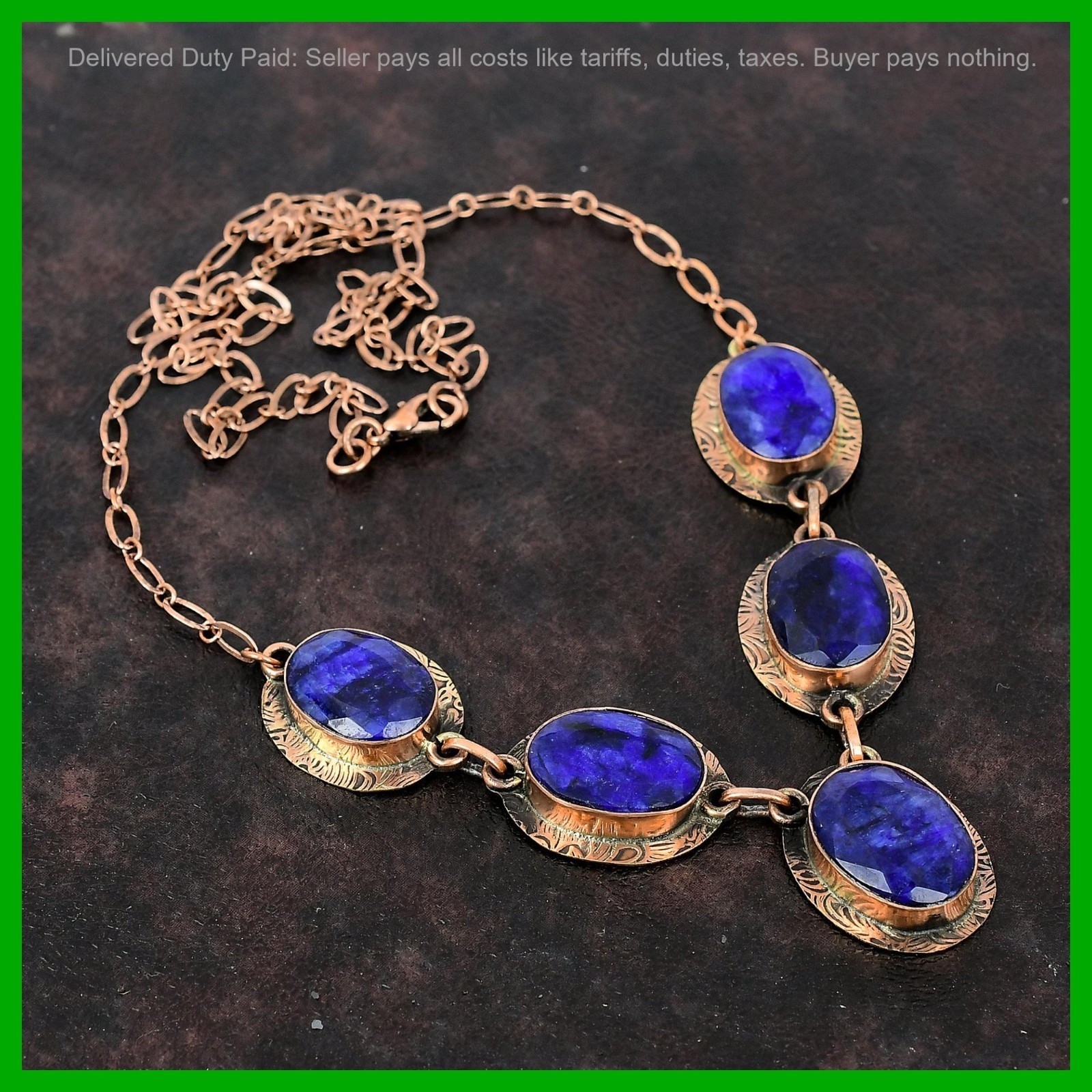 Copper Oval Blue Saphire Gemstone Bezel Handcrafted Anniversary Wedding Necklace