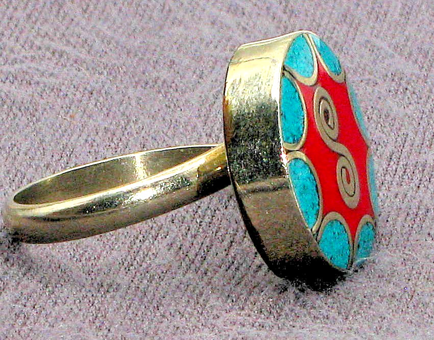 Handcrafted Tibetan Silver Coral Turquoise Inlay Cocktail Ring Adjustable 9
