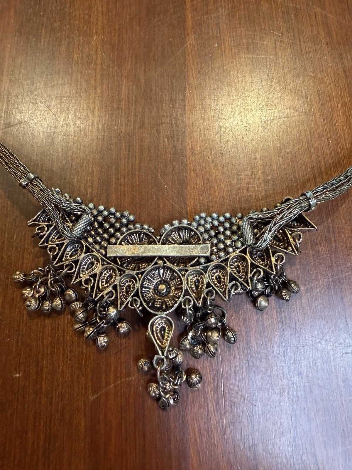 Copper Tone Multi-Strand Chain Bib Pendant Necklace w/ Dangles Hook Closure Boho