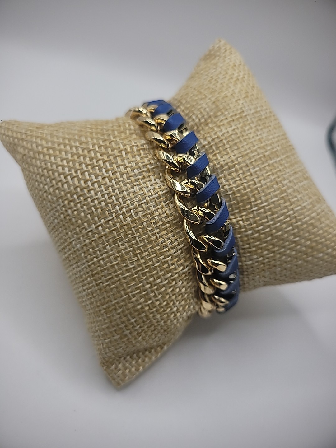 Vintage Ettika Bracelet Gold Tone Chain Leather Braided Blue Purple Jewelry