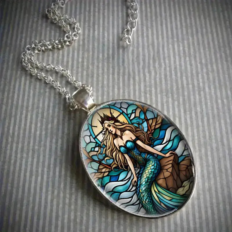 Mermaid Oval Jewelry Vintage Silvery Gothic Fantasy Pendant Necklace B