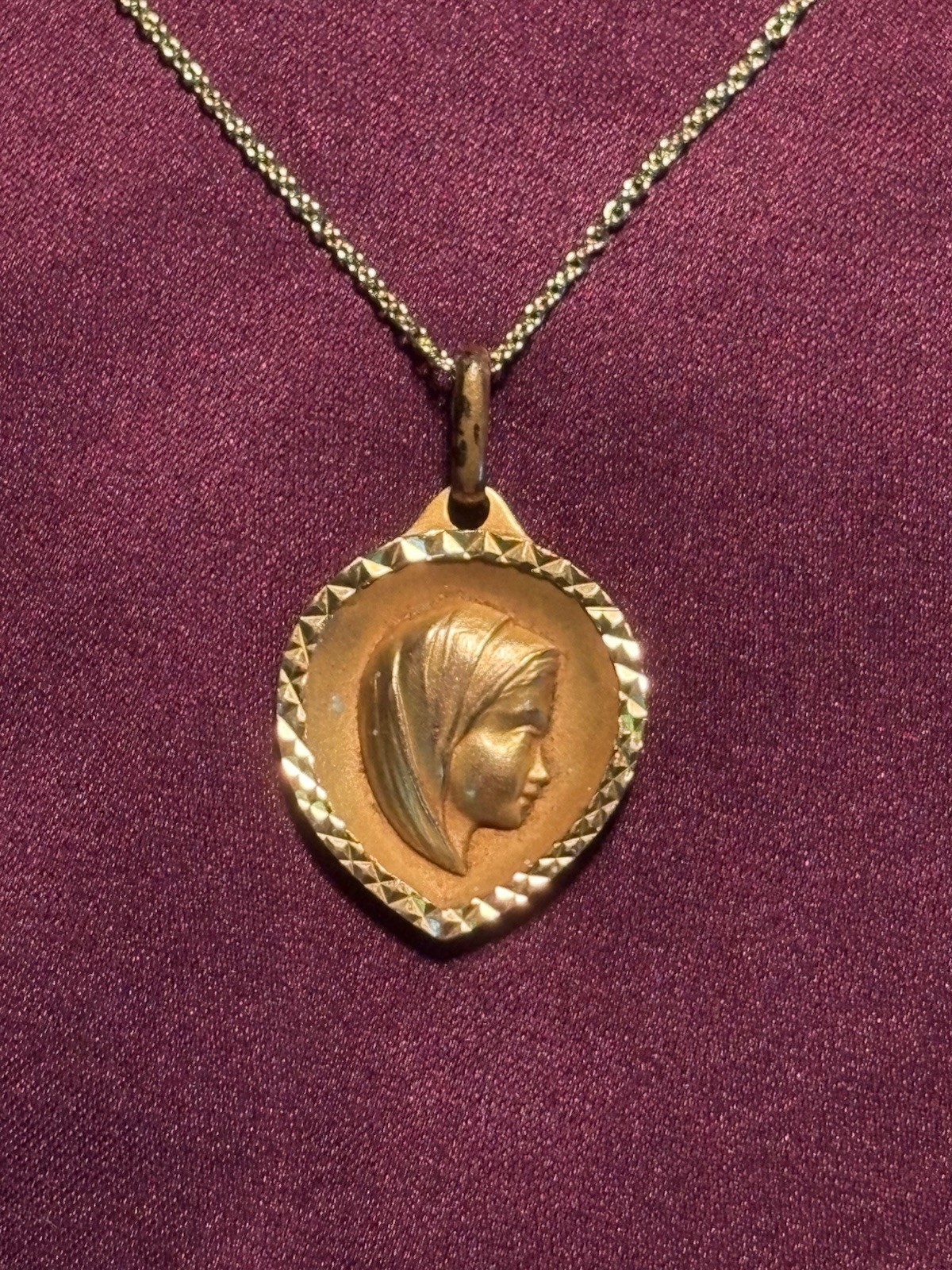 Vintage Tiny Necklace, Gold Tone Charm, Blue Enamel French Crystal Religious Art