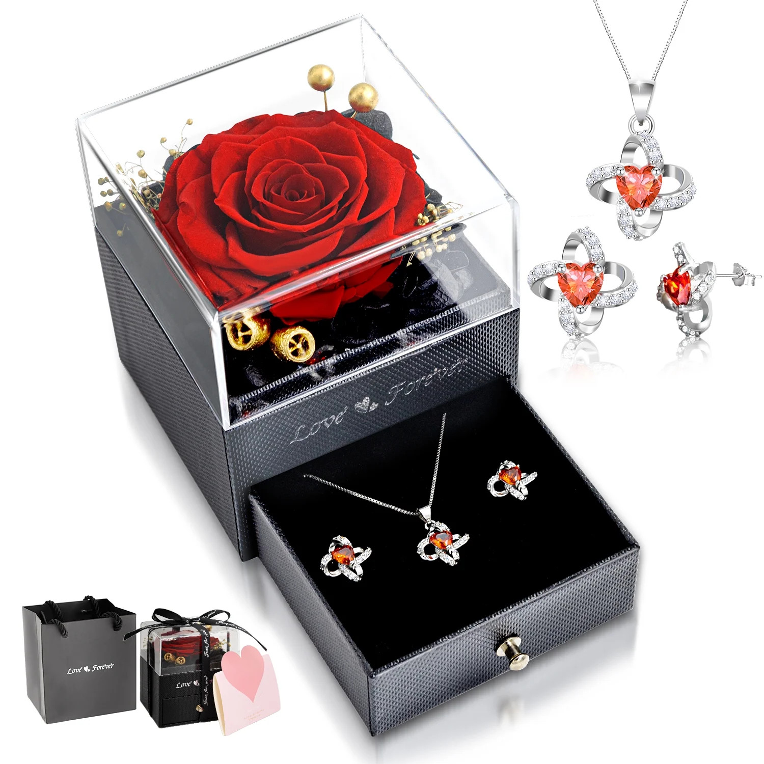Eternal Rose with Necklace Earrings Set Birthday Gifts for Women Mom Preserved R