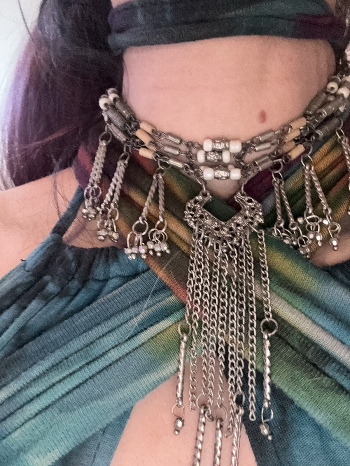 Silver Tone Boho Multi-Strand Beaded Choker Adjustable Cable Chain Charm Fringe