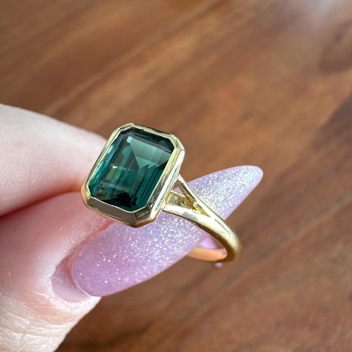 925 Silver Octagon GreenTeal Sapphire Solitaire Engagement Minimalist Split band