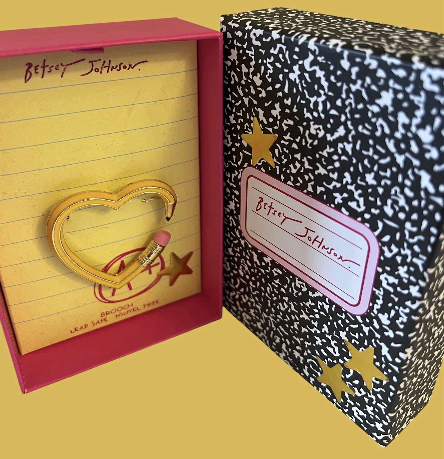 Betsey Johnson Brooch Heart Pencil Yellow With Star Accent NWT With Box