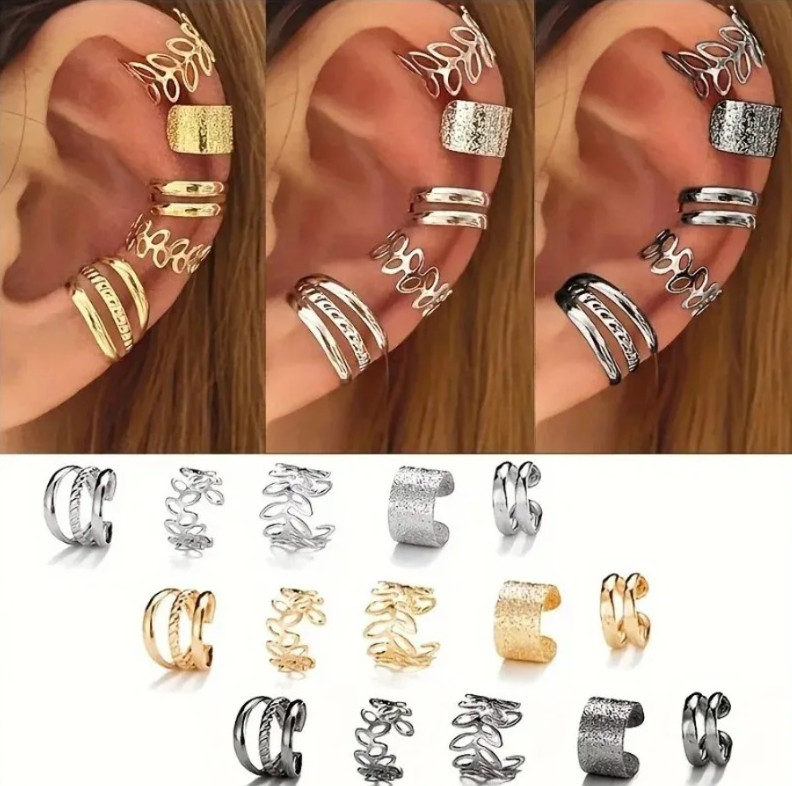15pcs Hollow Leaf Clip-On Earrings Set Punk Style Zinc Alloy Women Jewelry – NEW